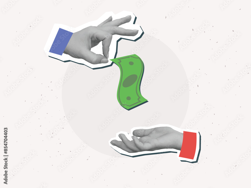 Wall mural a hand gives a green banknote. vector illustration in a modern collage style