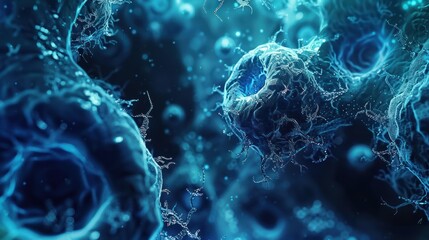 Microscopic Blue Cell Structures - Close-up view of intricate blue cell structures, highlighting the complex and detailed microscopic environment.