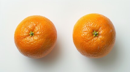Two freshly picked oranges separated on a white backdrop