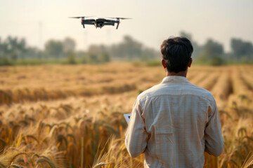 Farmer controls drone in wheat field. Smart modern agricultural practices with technology and machinery