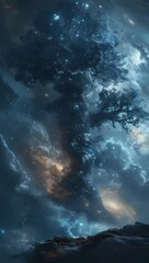 Fototapeta premium An artistic depiction of an otherworldly tree rendered in vibrant colors typical of the nightcore style. The image evokes a sense of surrealism and fantasy.