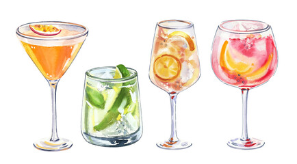 Set of watercolor hand painted summer aperetive cocktails glass simple sketch illustration on white background DIY elements for bar menu social media ads and posters