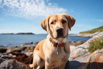 Portrait of a cute labrador retriever in rocky shoreline background