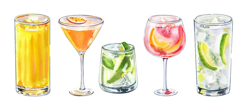 Set of watercolor hand painted summer aperetive cocktails glass simple sketch illustration on white background DIY elements for bar menu social media ads and posters