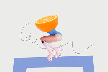 Creative collage image young woman ride rollers skaters jump professional orange fruit slice...