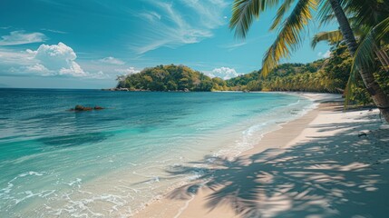Fototapeta premium A peaceful beach with white sand, crystal-clear water, and palm trees swaying in the breeze, offering a tropical paradise