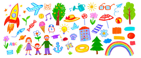 Felt pen hand drawn vector illustrations set of child drawings and doodles