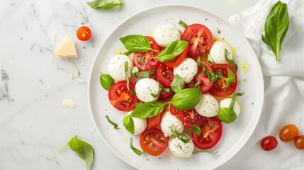 Classic Caprese Salad with Fresh Tomatoes, Mozzarella, and Basil, Italian food. Top View