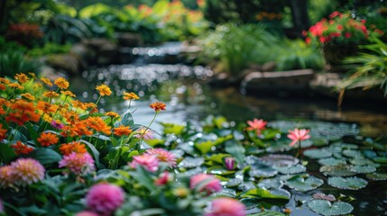 Fototapeta premium A peaceful garden with blooming flowers, lush greenery, and a tranquil pond, creating a serene atmosphere