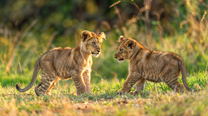 Obraz premium Two cute baby lion cubs playing in the african savanna