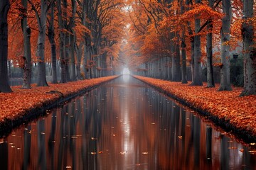 A misty autumn path with a canal running through it, surrounded by trees with vibrant orange leaves. The reflection of the trees in the water adds to the scenic beauty.