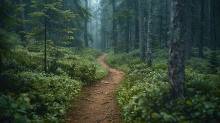 Obraz premium A peaceful hiking trail winding through a dense forest, offering a tranquil escape into nature