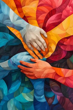 A vibrant painting depicting a diverse group of people holding hands in a circle, symbolizing unity and togetherness. The colorful background enhances the feeling of community and connection.