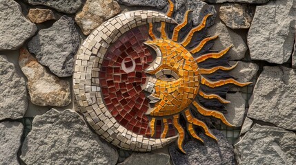 Handcrafted ceramic moon and sun made from mosaic stone bricks