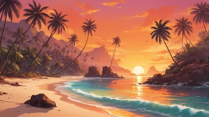 tropical beach view with sunset,sunbeam rocks