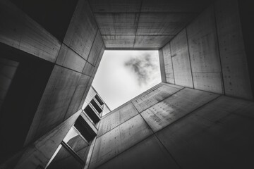 Obraz premium Black and white photo showing a modern concrete building with geometric lines and an open view of the sky.