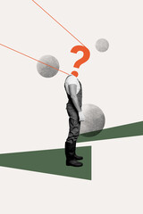 Vertical photo collage of man instead head question mark find solution dilemma concept choose...