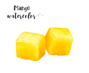 Watercolor painting featuring mango cubes, a vibrant and delicious fruity illustration