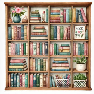 recommend clip art: Bookshelf clipart filled with books of various sizes. watercolor illustration, Perfect for nursery art, simple clipart, single object, white color background.