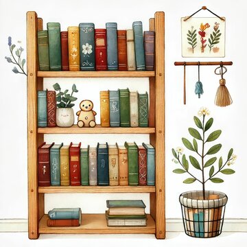 recommend clip art: Bookshelf clipart filled with books of various sizes. watercolor illustration, Perfect for nursery art, simple clipart, single object, white color background.
