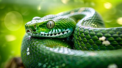 Fototapeta premium Close-up of a Green Tree Python Coiled on a Branch, Generative AI