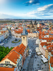 Obraz premium Elevated view of the town square in the old city center of Prague, Czech Republic, with Tyn Church and Clocktower