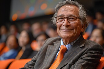 Finance seminar with expert speaker and interactive digital board, engaged audience, The images are of high quality and clarity