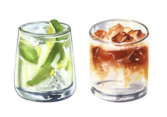 Set of watercolor hand painted aperetive Gin and tonic and whiskey cocktails glass simple sketch illustration on white background DIY elements for bar menu social media ads and posters