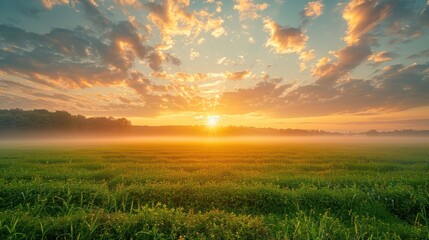 A peaceful sunrise over a foggy field, with soft light illuminating the landscape