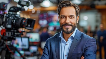 Fototapeta premium Confident male news anchor in a professional studio with cameras and monitors, ready to broadcast the latest news and updates.