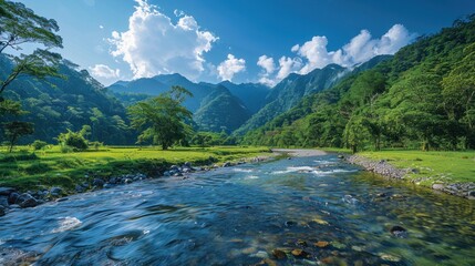 A serene mountain landscape with a clear blue sky, lush greenery, and a tranquil river flowing through