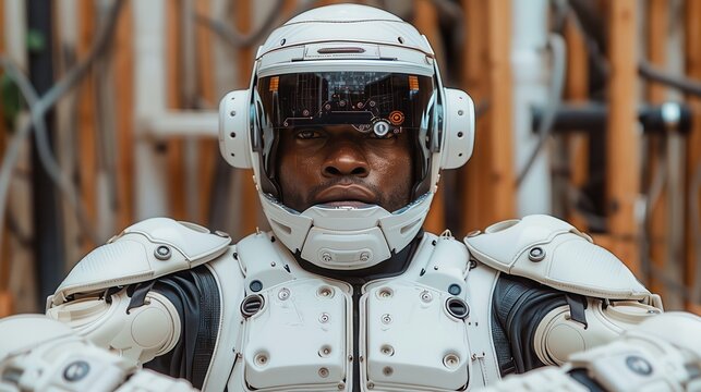 A futuristic soldier in high-tech armor and helmet, ready for combat in a sci-fi environment. Advanced technology and innovation in action.