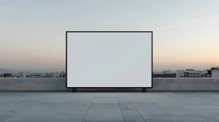 Fototapeta premium Blank outdoor movie screen on rooftop at sunrise, serene cityscape backdrop. Ideal for presentations, advertisements, and cinematic events.