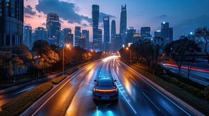 Fototapeta premium A sleek electric car driving through a modern cityscape, showcasing advanced automotive technology,