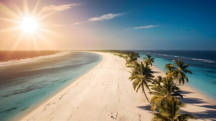 Sand spit of a tropical island reaching out into the distance. Exquisite splendid summer scene with white sand sea side.