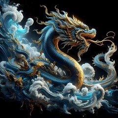 Obraz premium Dragon full body with dynamic pose, white electricity, glossy (blue gold) transparent and (white) smoke splash