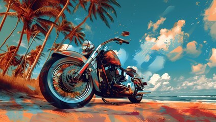 A striking image of a cruiser motorcycle parked on a sandy beach, surrounded by palm trees. The tranquil coastal setting provides a perfect backdrop for the sleek, powerful machine.