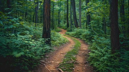 Obraz premium A tranquil hiking trail winding through a dense forest, offering a peaceful escape into nature