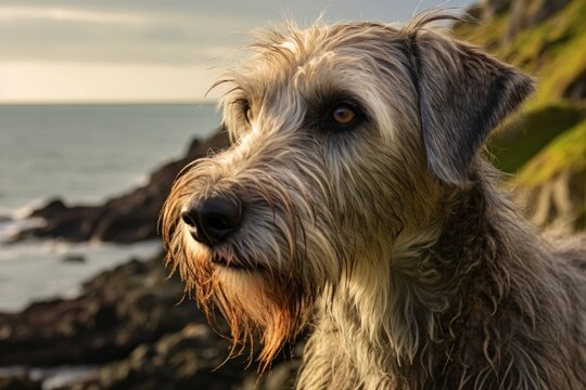 Portrait of a funny irish wolfhound dog isolated in dramatic coastal cliff background