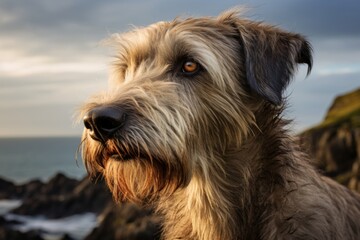 Portrait of a funny irish wolfhound dog on dramatic coastal cliff background