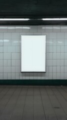 Blank white vertical billboard on tiled subway station wall, ready for advertisement placement or branding in urban setting.