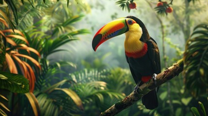 Obraz premium Photograph of a colorful toucan perched on a branch, its vibrant beak and plumage standing out against the tropical rainforest backdrop.