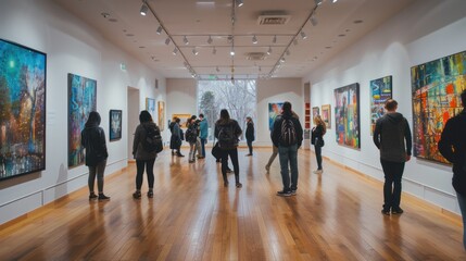 A vibrant art gallery with people admiring paintings, sculptures, and contemporary artworks, capturing the essence of creativity