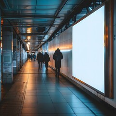 City subway corridor with people walking, illuminated by artificial light, featuring a blank billboard for advertising.