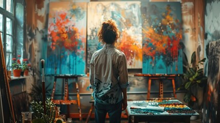 Obraz premium A vibrant art studio with canvases, paintbrushes, and an artist at work, capturing the creative process