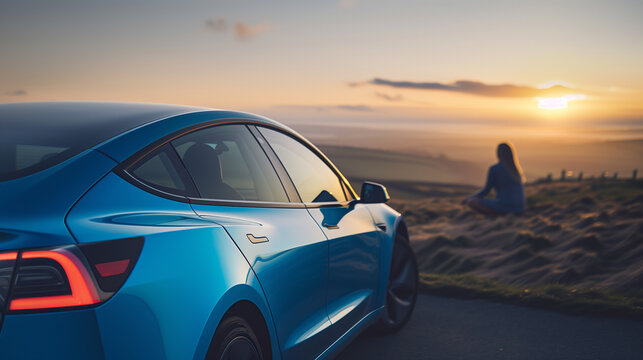 A woman is sitting on a hillside, looking out at the sunset