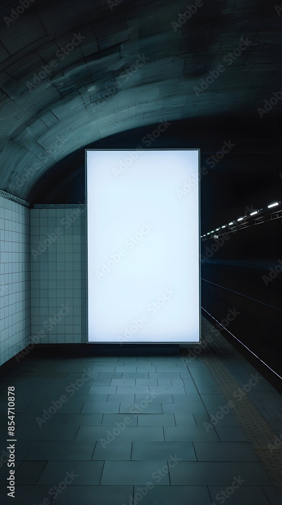 Aufkleber dimly lit empty subway station with illuminated blank advertisement board, creating a moody urban sc