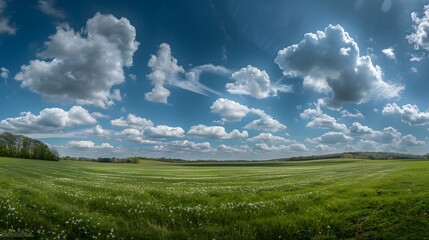 Wide angle of a spring landscape under a sky with clouds