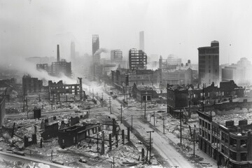 Black and white photograph of a city in ruins after a devastating fire, with smoke rising from buildings. Captures the aftermath of destruction and disaster.