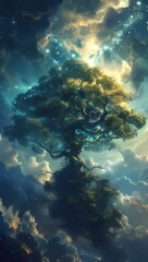 Fototapeta premium An artistic depiction of the Tree of Life, inspired by colorful, intricate designs. This piece blends natural and mystical elements, creating a dream-like, enchanting visual experience.